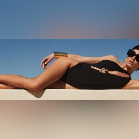 Zara Asymmetrical Snake Swimsuit Sz S Black Gold Jewel Rhinestone Applique - Picture 2 of 9